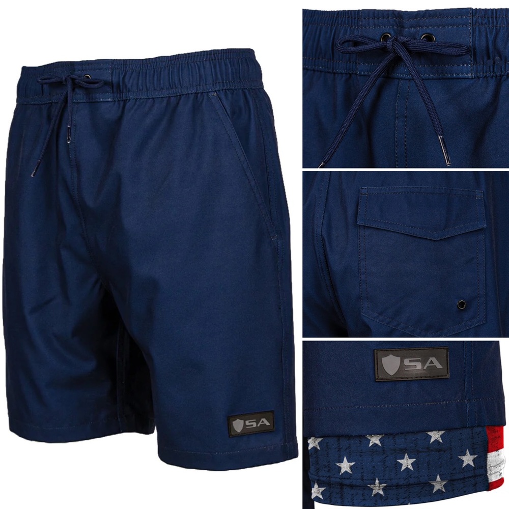 American Flag Under Mesh Blue Swim Trunks by Salt Armour SA Fishing